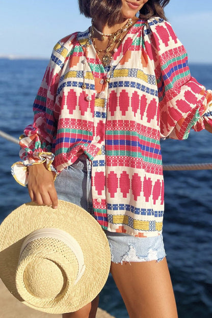 Vacation Geometric Print Buttons V Neck Blouses