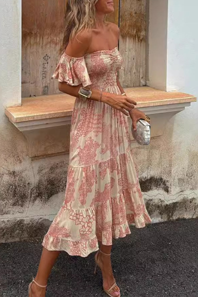 Print Patchwork Ruffle Off Shoulder Cake Skirt Dresses