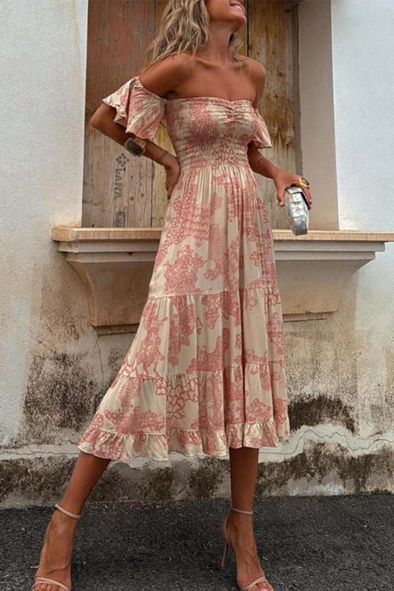 Print Patchwork Ruffle Off Shoulder Cake Skirt Dresses