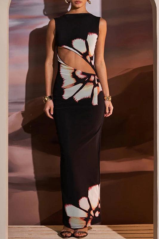 Flowers Print Hollow Out O Neck One Step Skirt Dresses