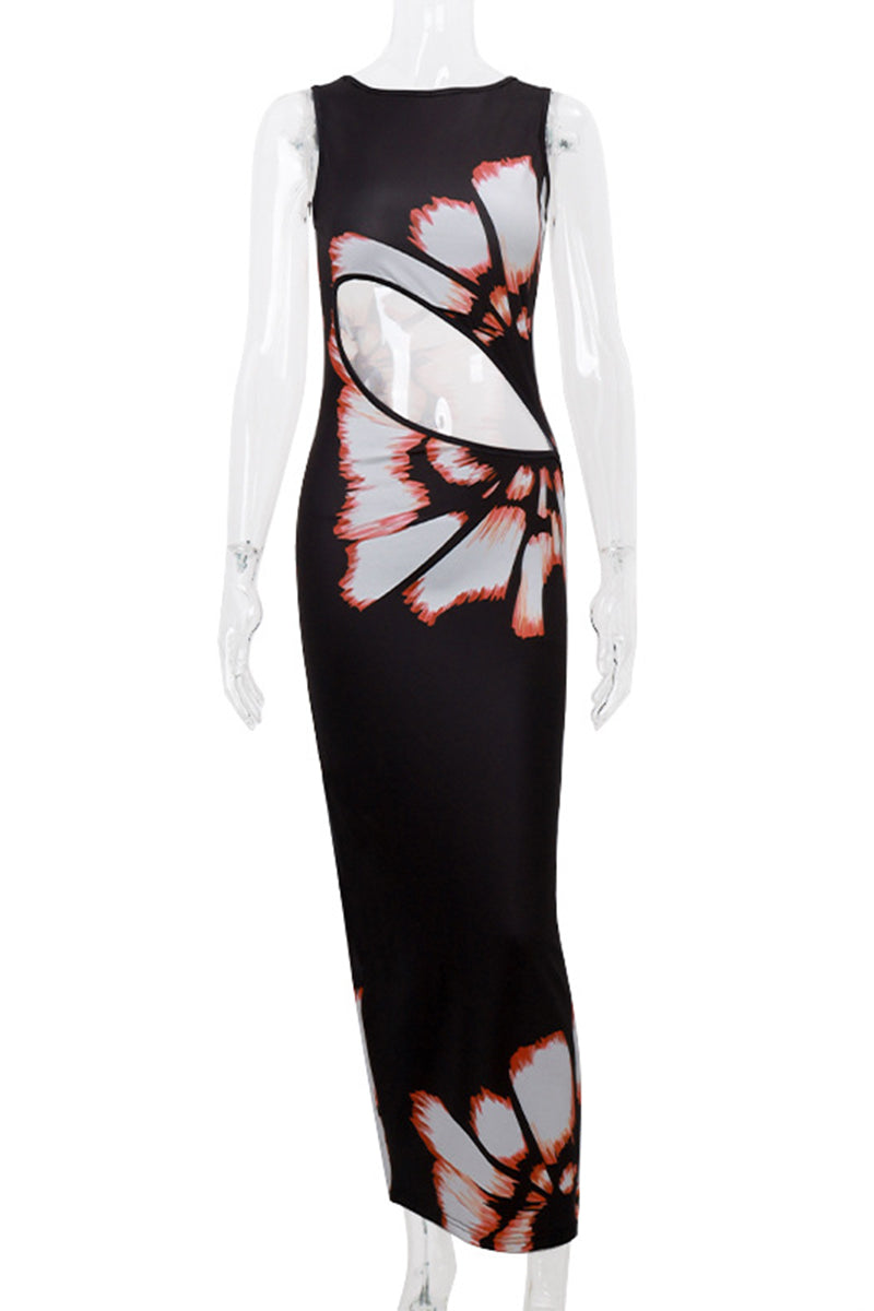 Flowers Print Hollow Out O Neck One Step Skirt Dresses
