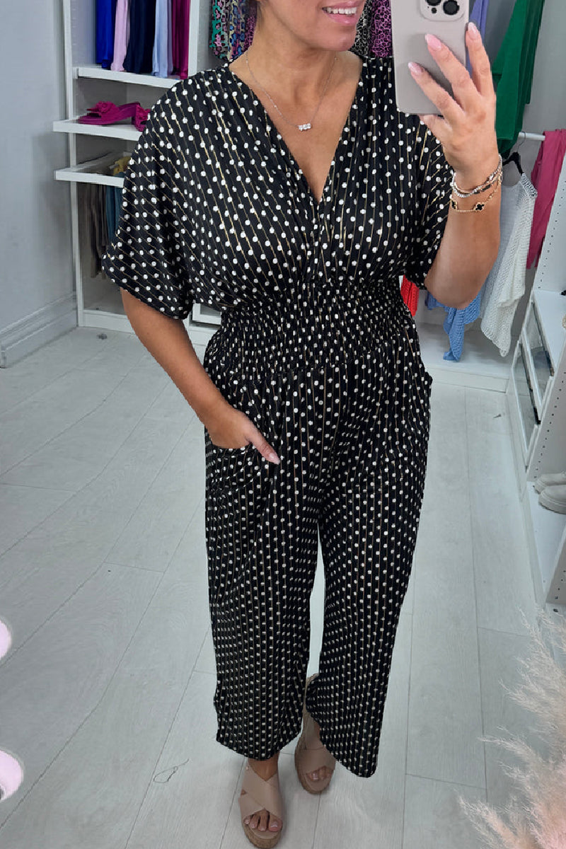 Polka Dot Print Patchwork V Neck Regular Jumpsuits(3 Colors)