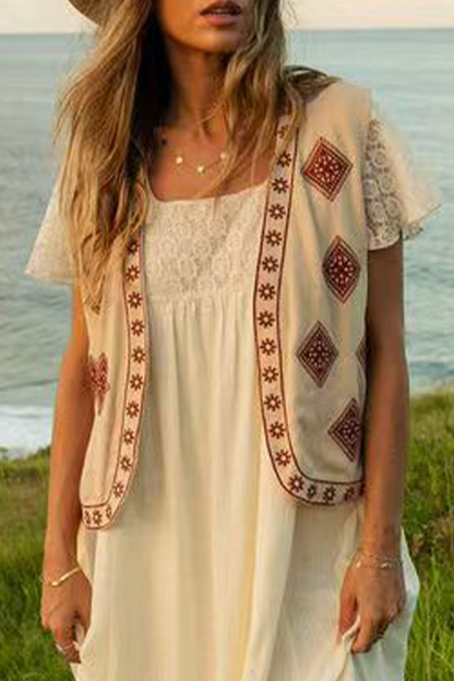 Colorblock Patchwork Embroidery Cardigan Collar Waistcoats