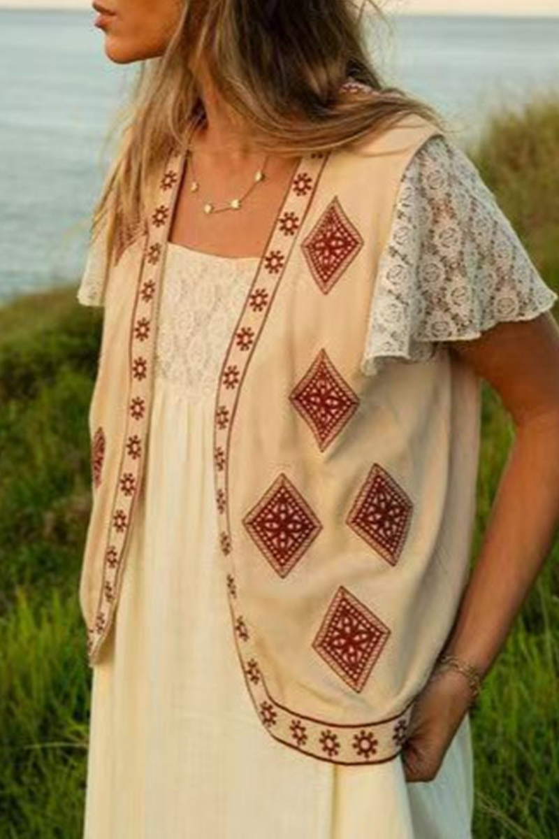Colorblock Patchwork Embroidery Cardigan Collar Waistcoats