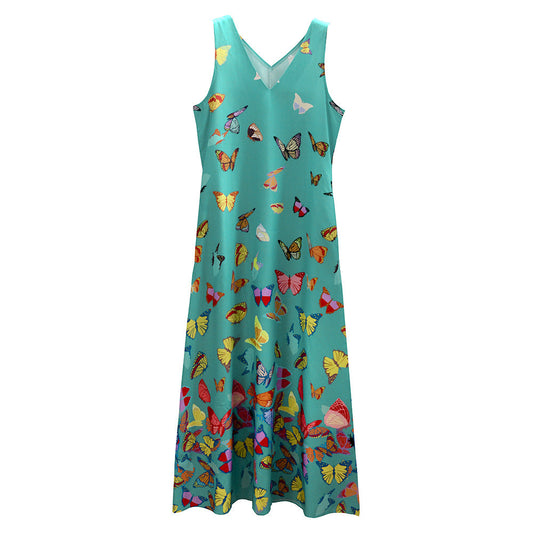 Summer Butterfly Print Beach Dress V-neck Sleeveless Maxi Dress Clothing