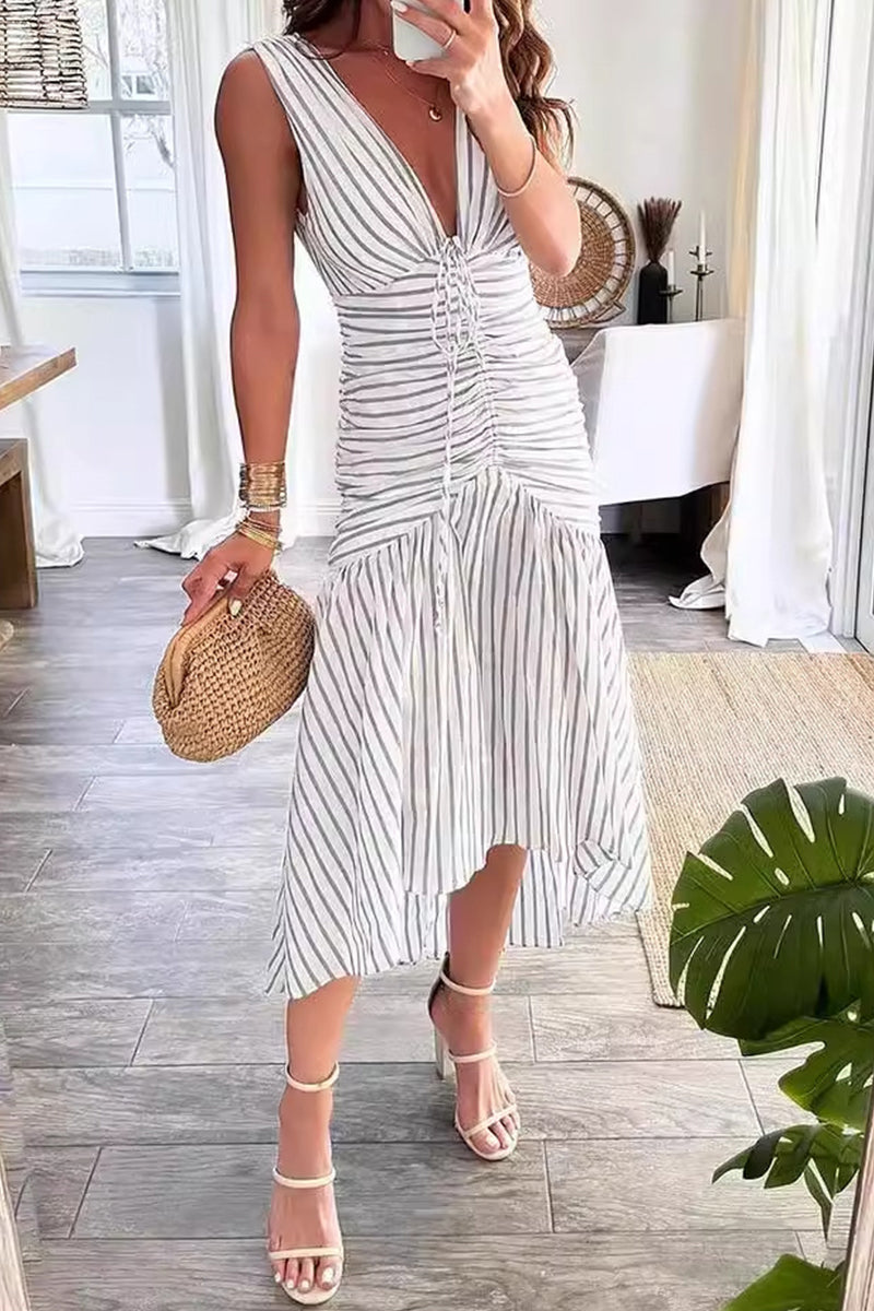 Striped Print Lace Up Ruched V Neck Waist Skirt Dresses