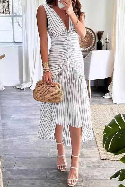 Striped Print Lace Up Ruched V Neck Waist Skirt Dresses