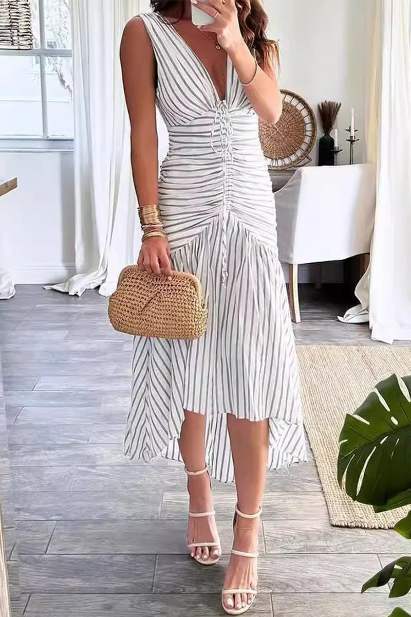 Striped Print Lace Up Ruched V Neck Waist Skirt Dresses