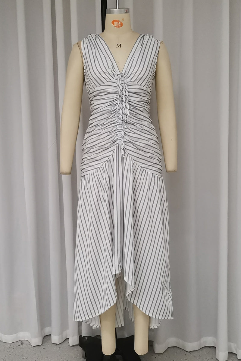 Striped Print Lace Up Ruched V Neck Waist Skirt Dresses