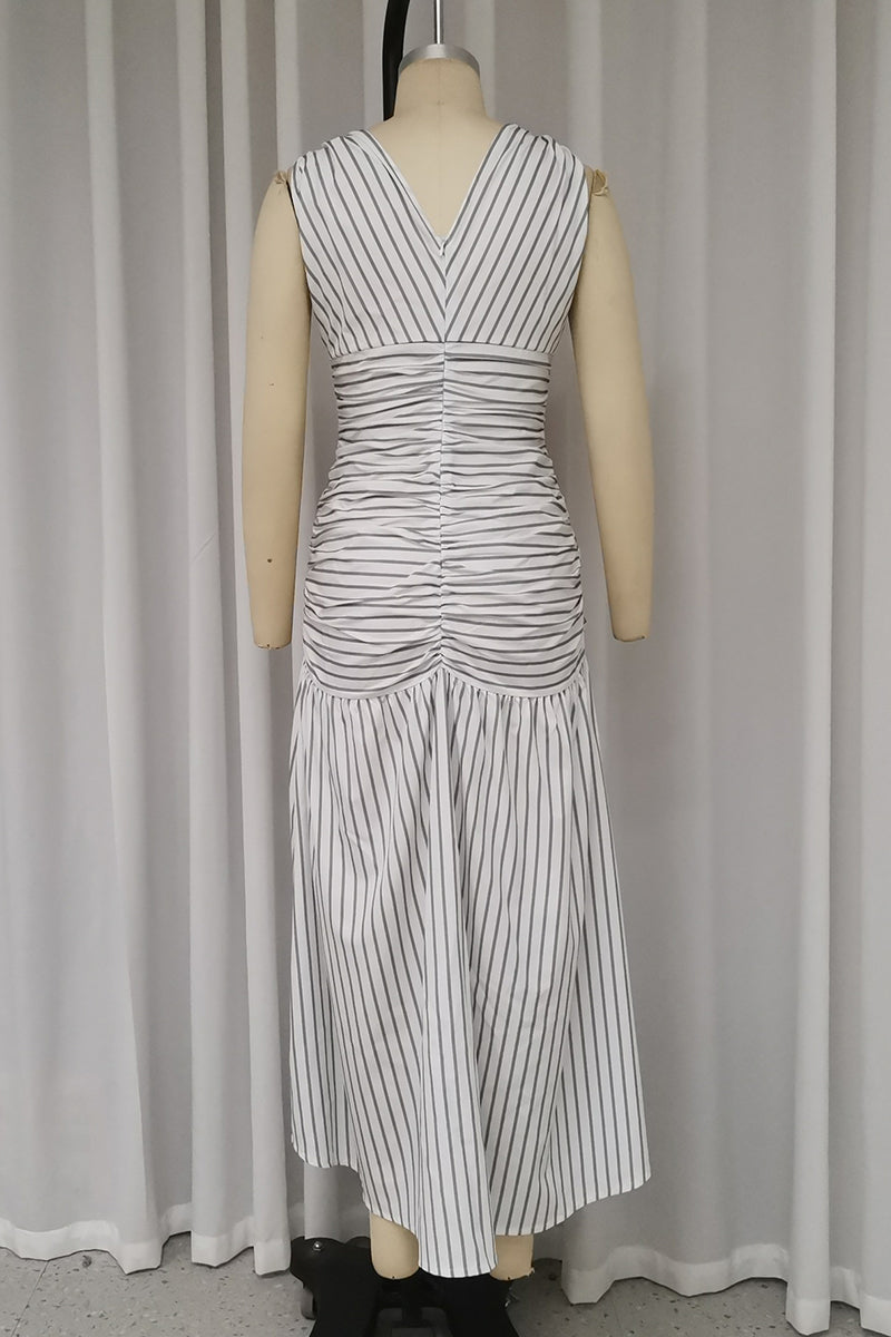 Striped Print Lace Up Ruched V Neck Waist Skirt Dresses