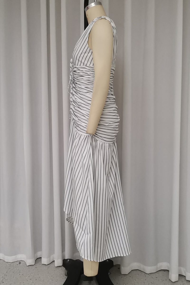 Striped Print Lace Up Ruched V Neck Waist Skirt Dresses