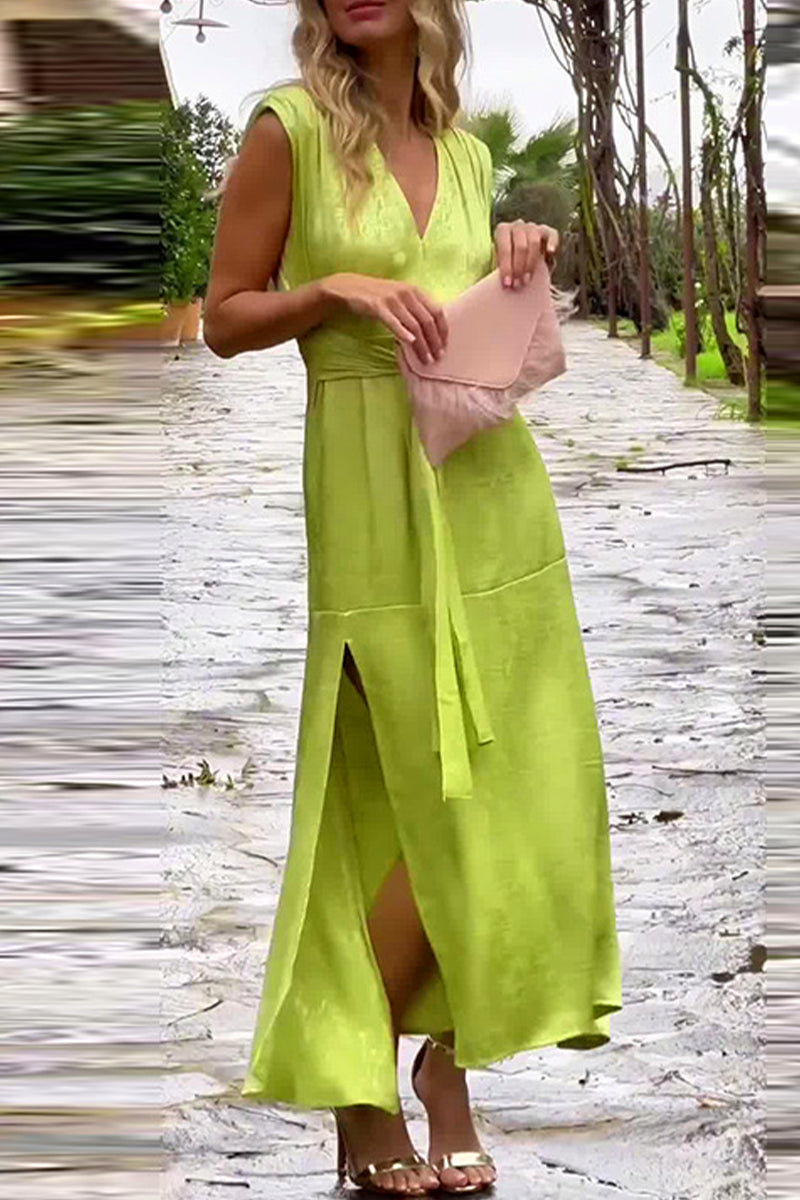 Color Lace Up Slit V Neck Waist Skirt Dresses