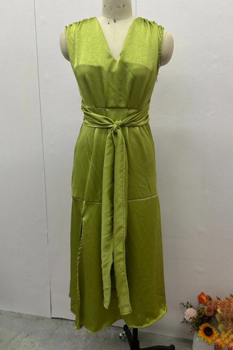 Color Lace Up Slit V Neck Waist Skirt Dresses