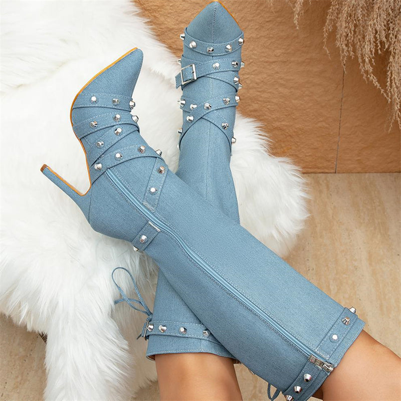 Rivets Patchwork Zipper Pointed Out Door Shoes (heel Height 3.93in)