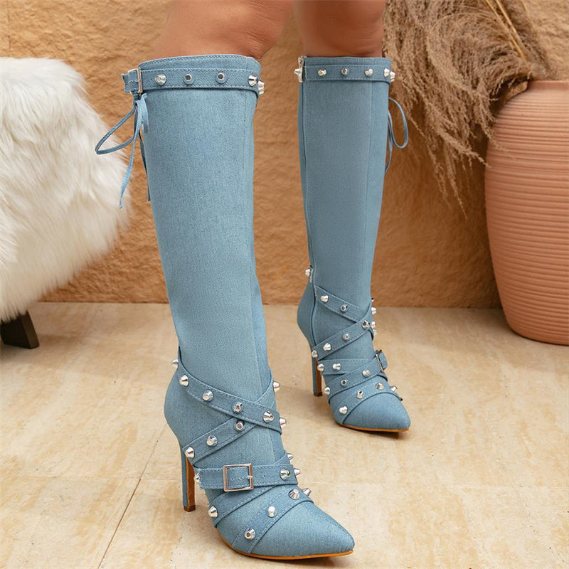 Rivets Patchwork Zipper Pointed Out Door Shoes (heel Height 3.93in)