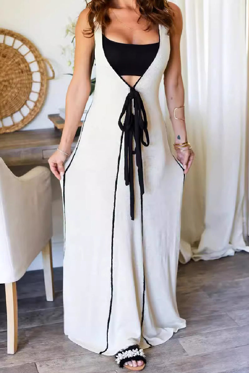 Patchwork Belted V Neck Long Dresses