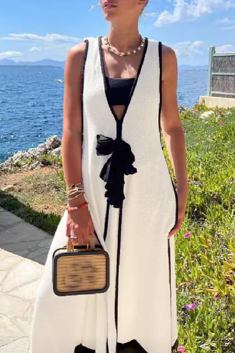 Patchwork Belted V Neck Long Dresses