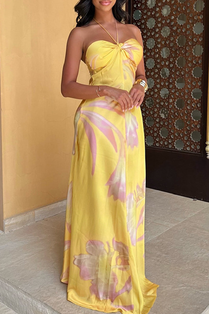Print Backless Belted Halter Long Dresses