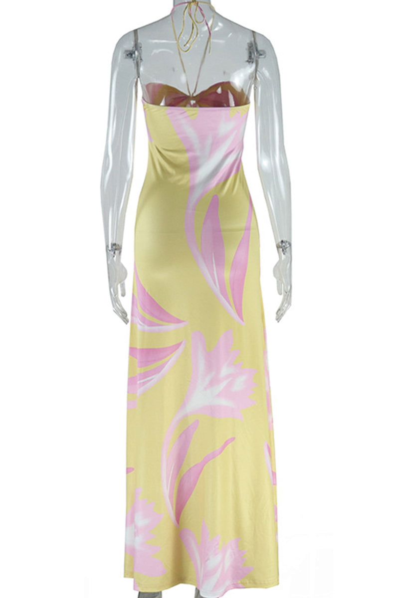 Print Backless Belted Halter Long Dresses