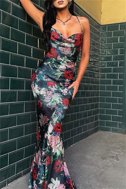 Print Backless Spaghetti Strap Long Dresses