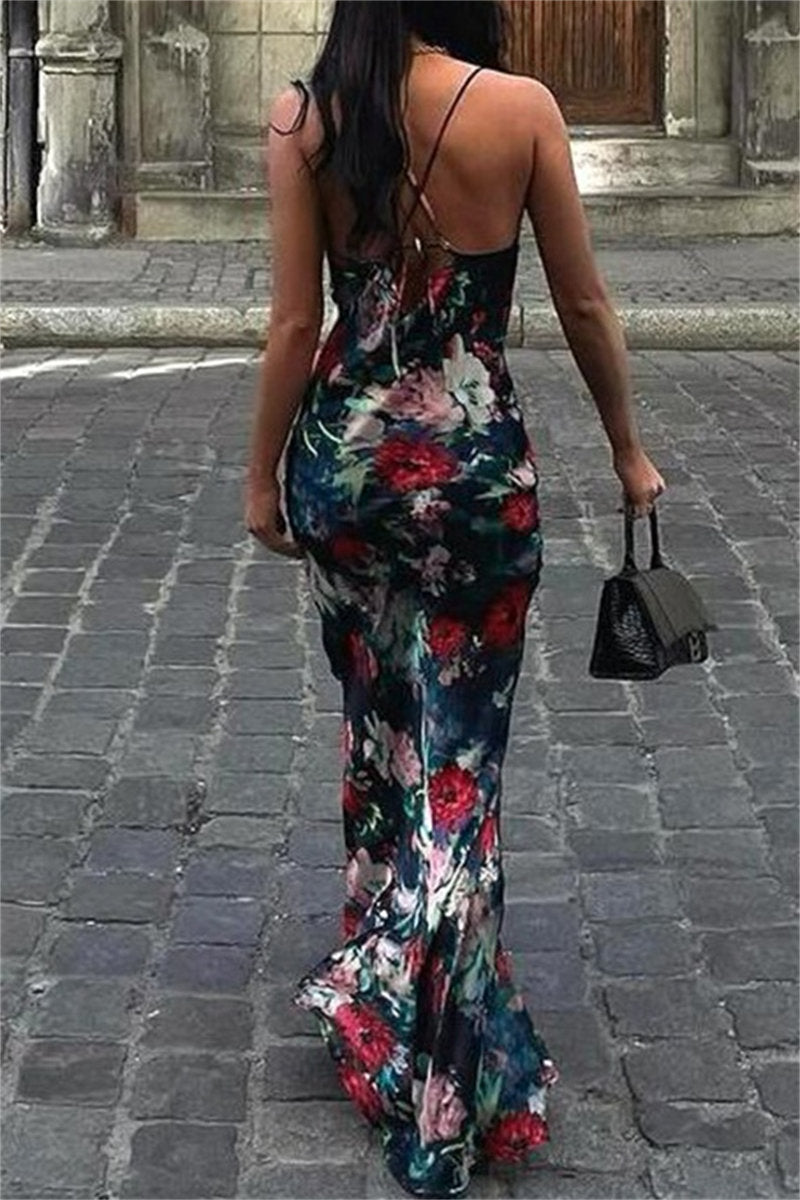 Print Backless Spaghetti Strap Long Dresses