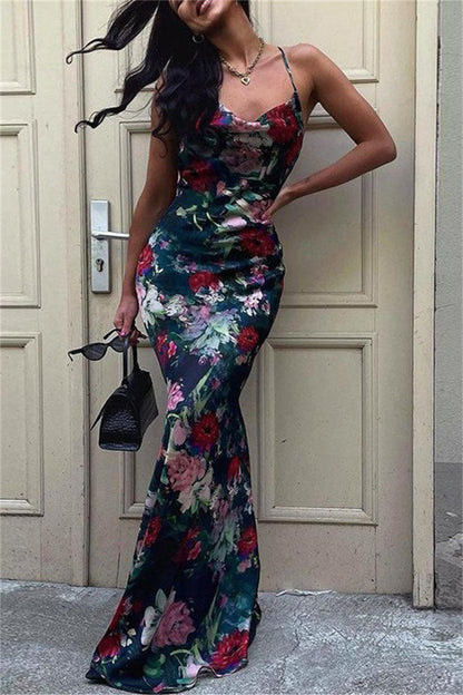Print Backless Spaghetti Strap Long Dresses