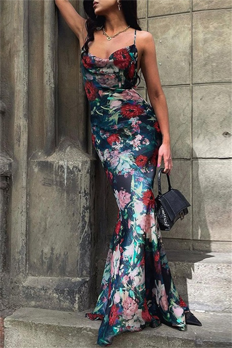 Print Backless Spaghetti Strap Long Dresses
