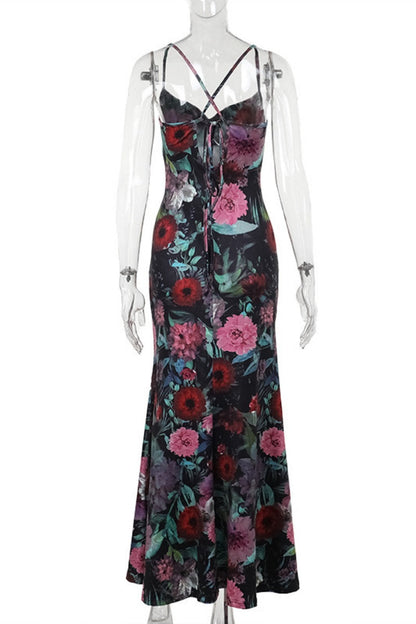 Print Backless Spaghetti Strap Long Dresses