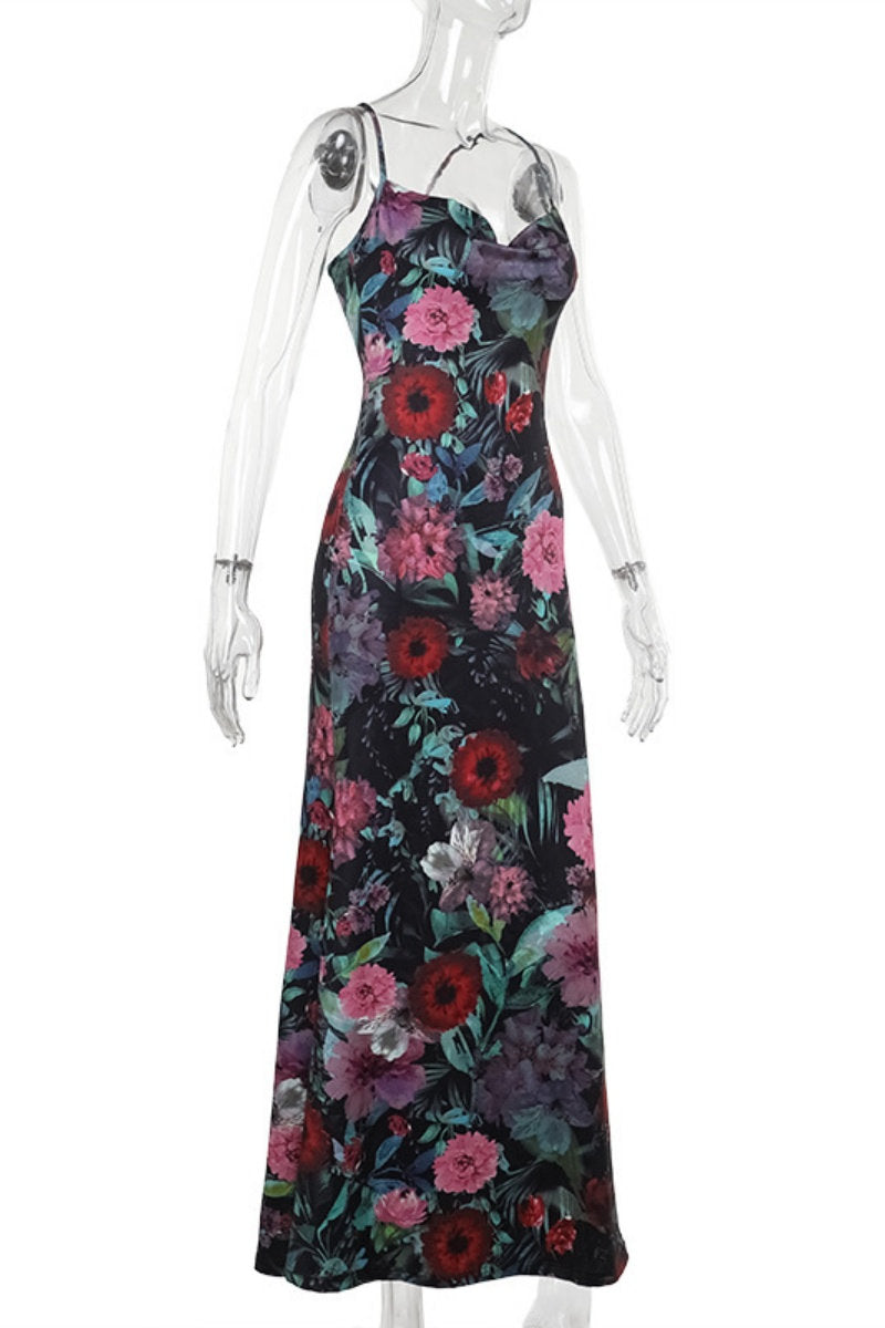 Print Backless Spaghetti Strap Long Dresses