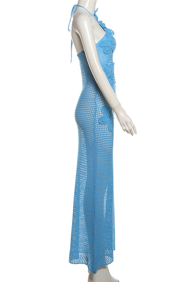Flowers Hollow Out Patchwork Backless Strap Design Halter Long Dresses(3 Colors)