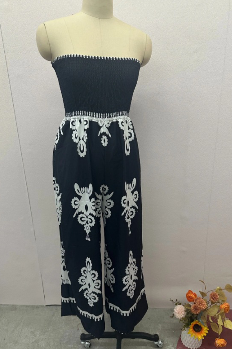 Geometric Print Pocket Strapless Loose Jumpsuits