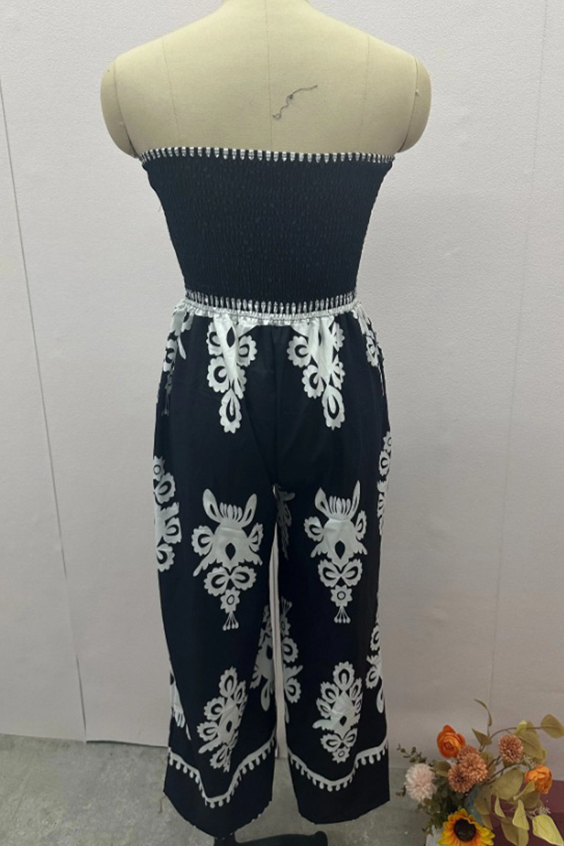 Geometric Print Pocket Strapless Loose Jumpsuits