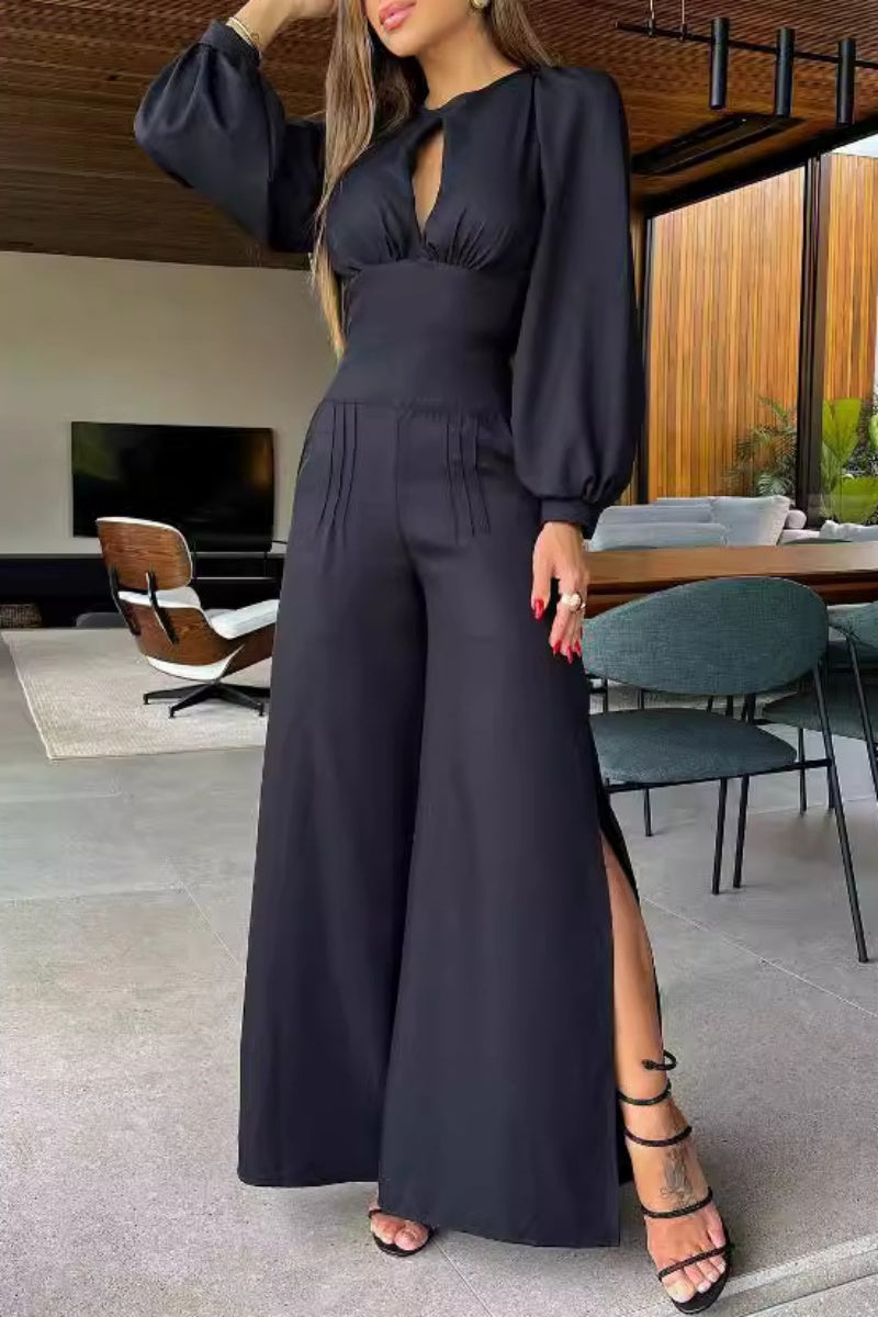 Color Hollow Out Backless Slit Belted O Neck Bodycon Jumpsuits