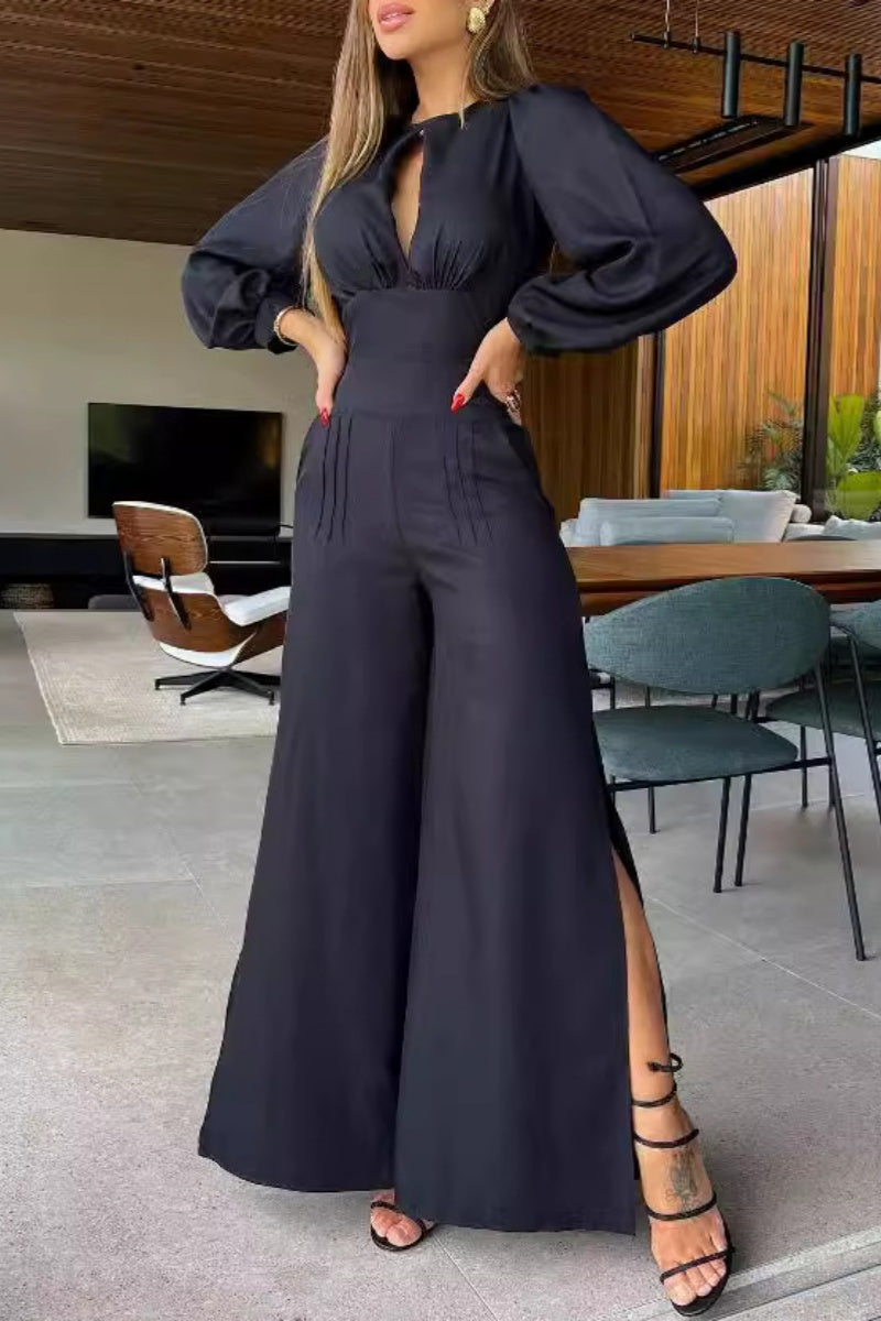 Color Hollow Out Backless Slit Belted O Neck Bodycon Jumpsuits