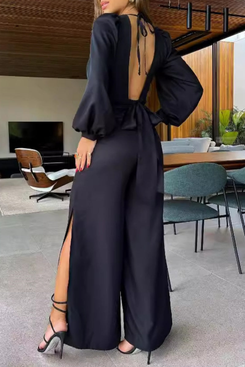Color Hollow Out Backless Slit Belted O Neck Bodycon Jumpsuits