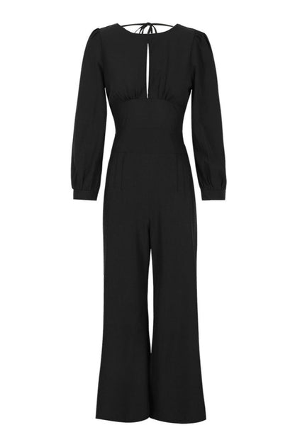 Color Hollow Out Backless Slit Belted O Neck Bodycon Jumpsuits