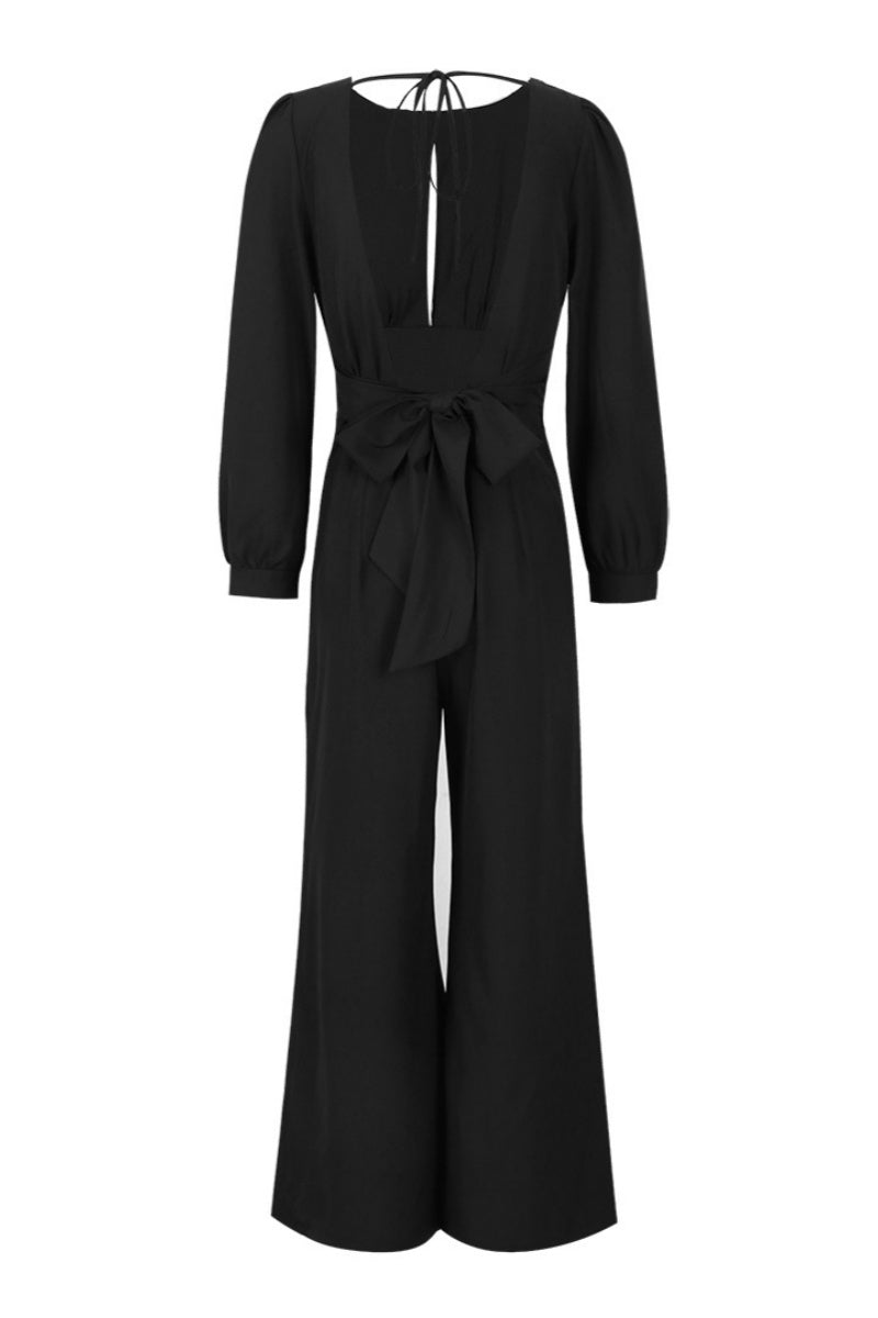 Color Hollow Out Backless Slit Belted O Neck Bodycon Jumpsuits
