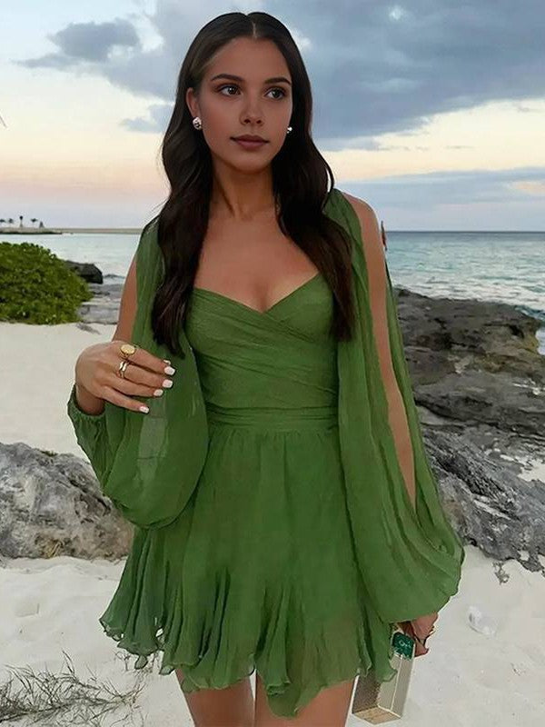 Lantern Cutout Sleeves Deep Neck Backless Romper