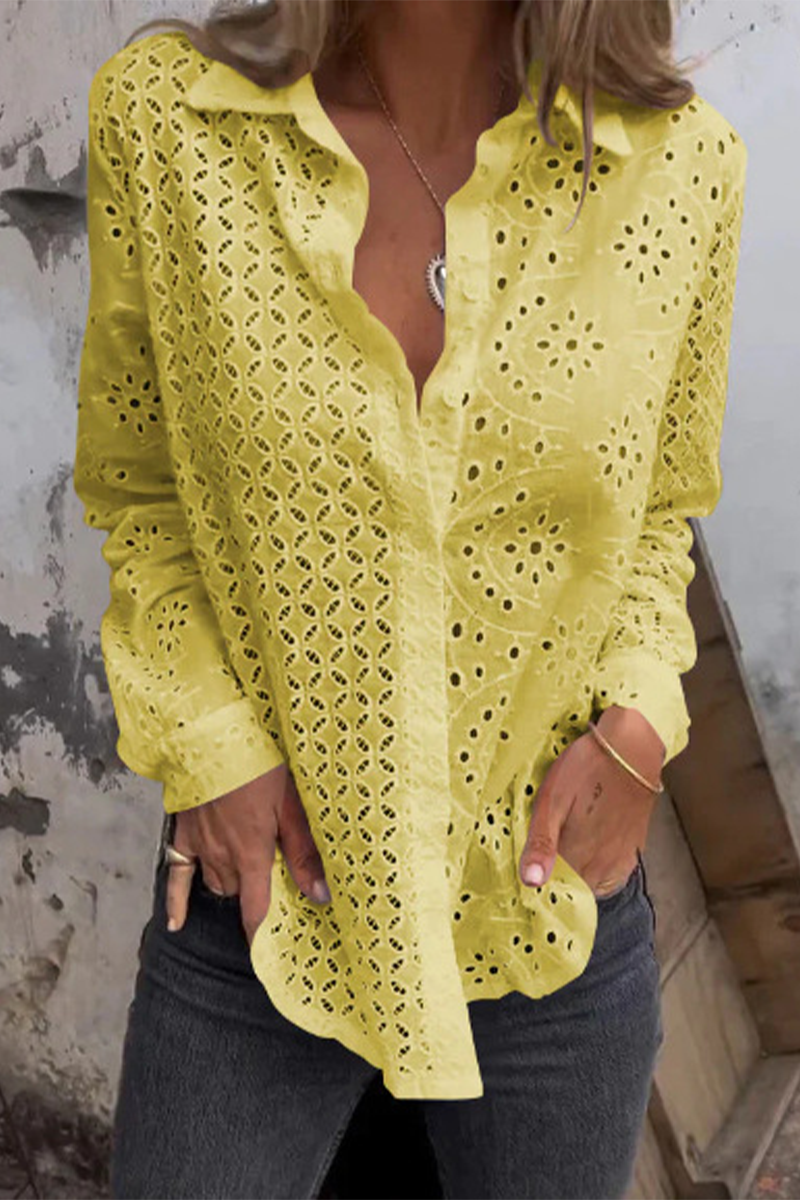 Color Hollow Out Turndown Collar Blouses(7 Colors)