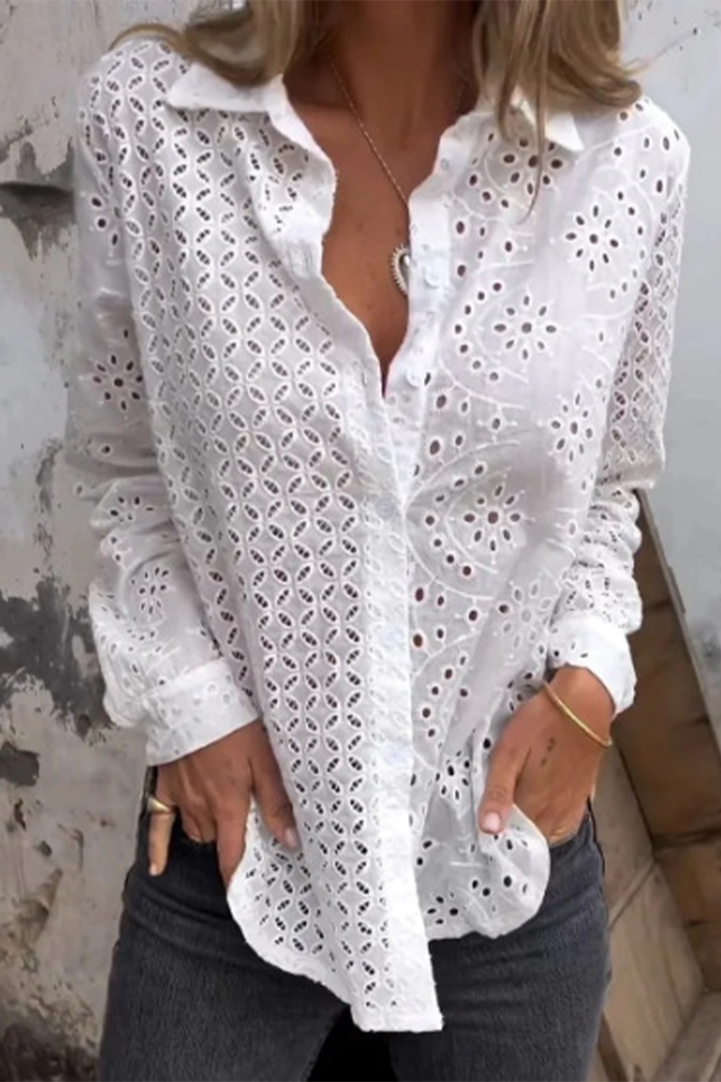 Color Hollow Out Turndown Collar Blouses(7 Colors)