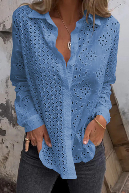 Color Hollow Out Turndown Collar Blouses(7 Colors)