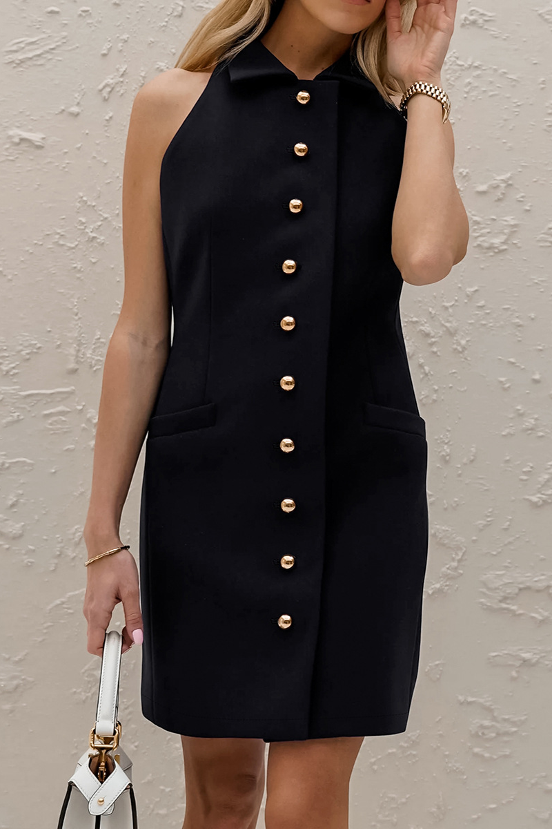 Celebrities Color Buckle Turndown Collar Pencil Skirt Dresses