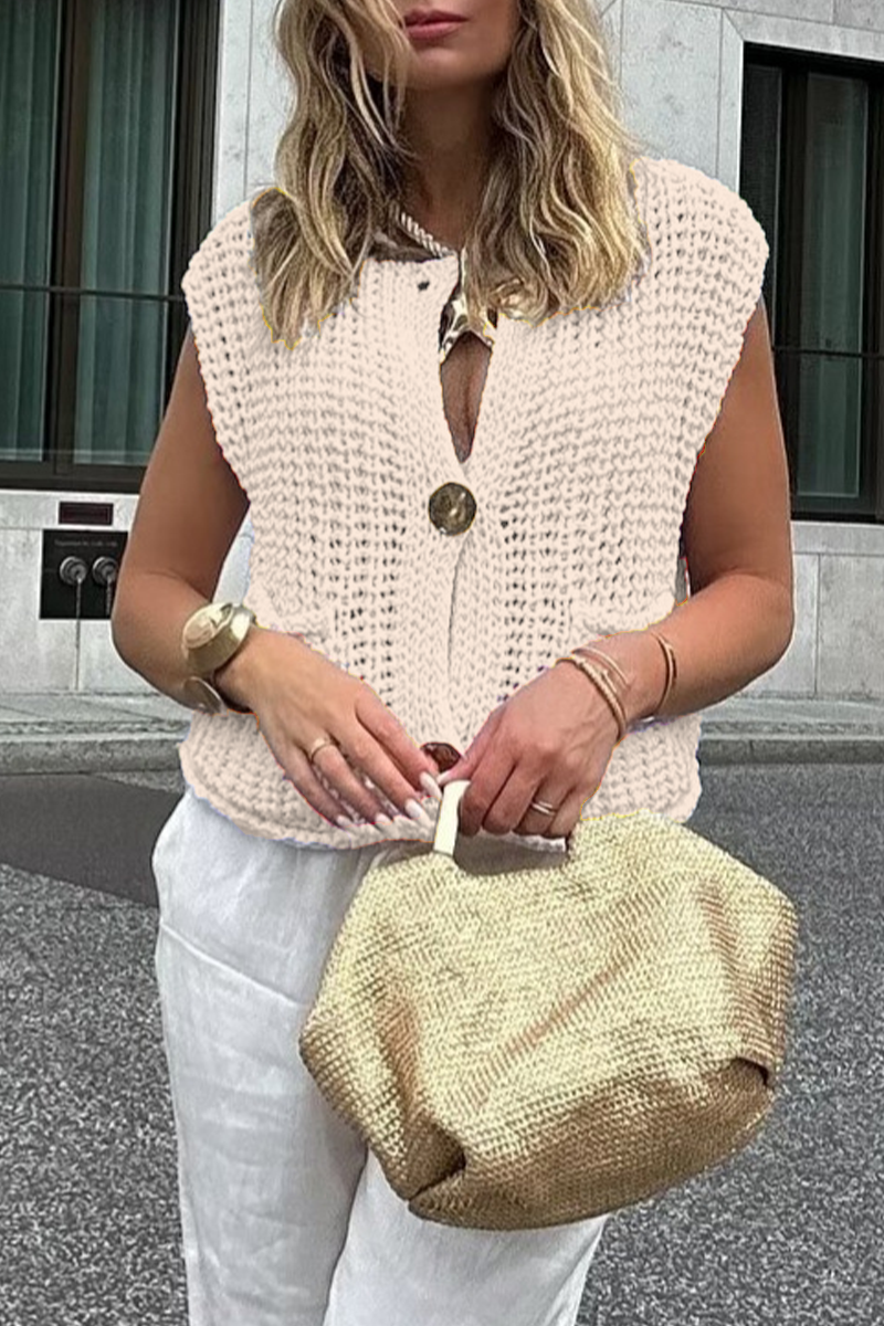 Daily Color Pocket Buttons Weave O Neck Sweaters (3 Colors)