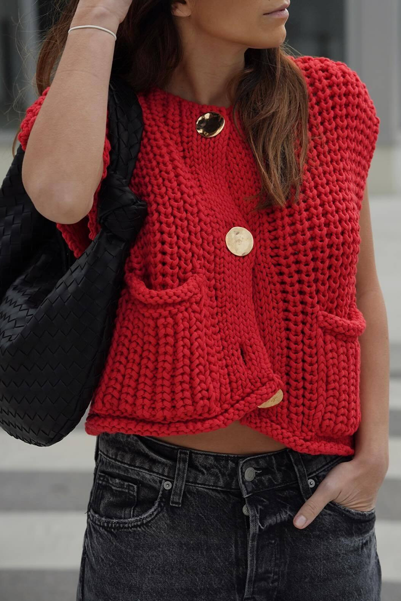 Daily Color Pocket Buttons Weave O Neck Sweaters (3 Colors)