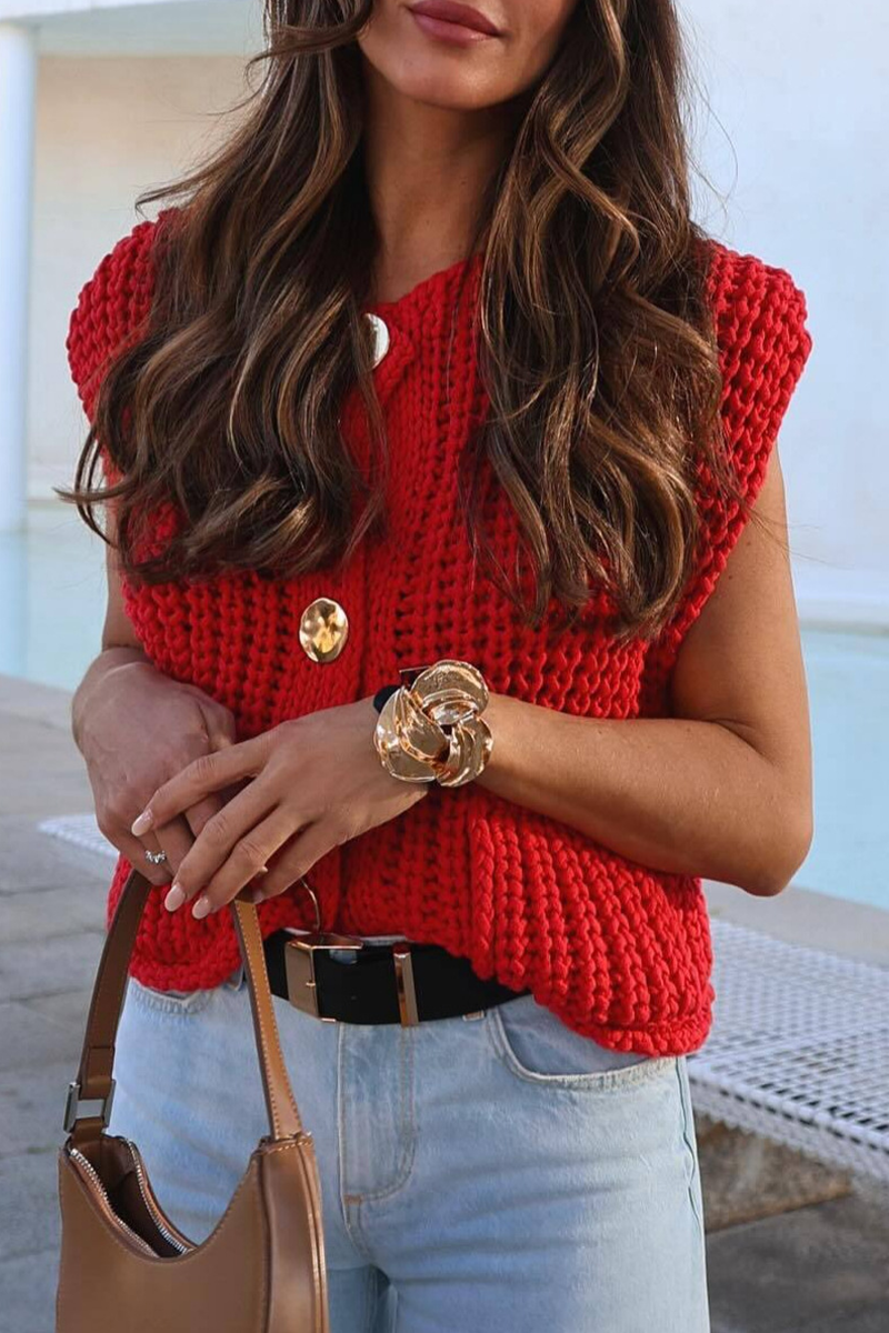 Daily Color Pocket Buttons Weave O Neck Sweaters (3 Colors)