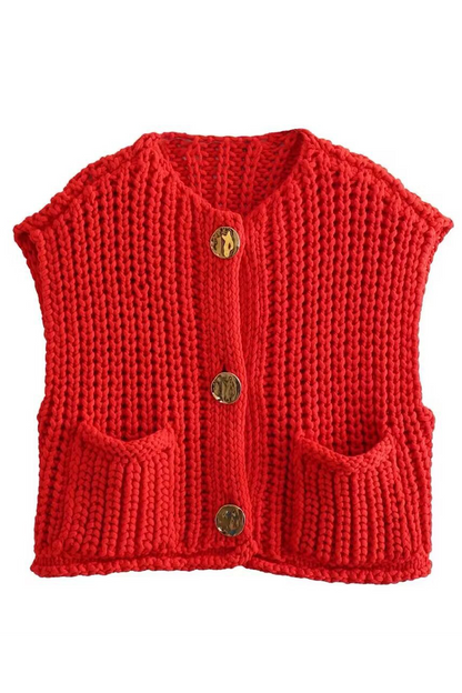 Daily Color Pocket Buttons Weave O Neck Sweaters (3 Colors)