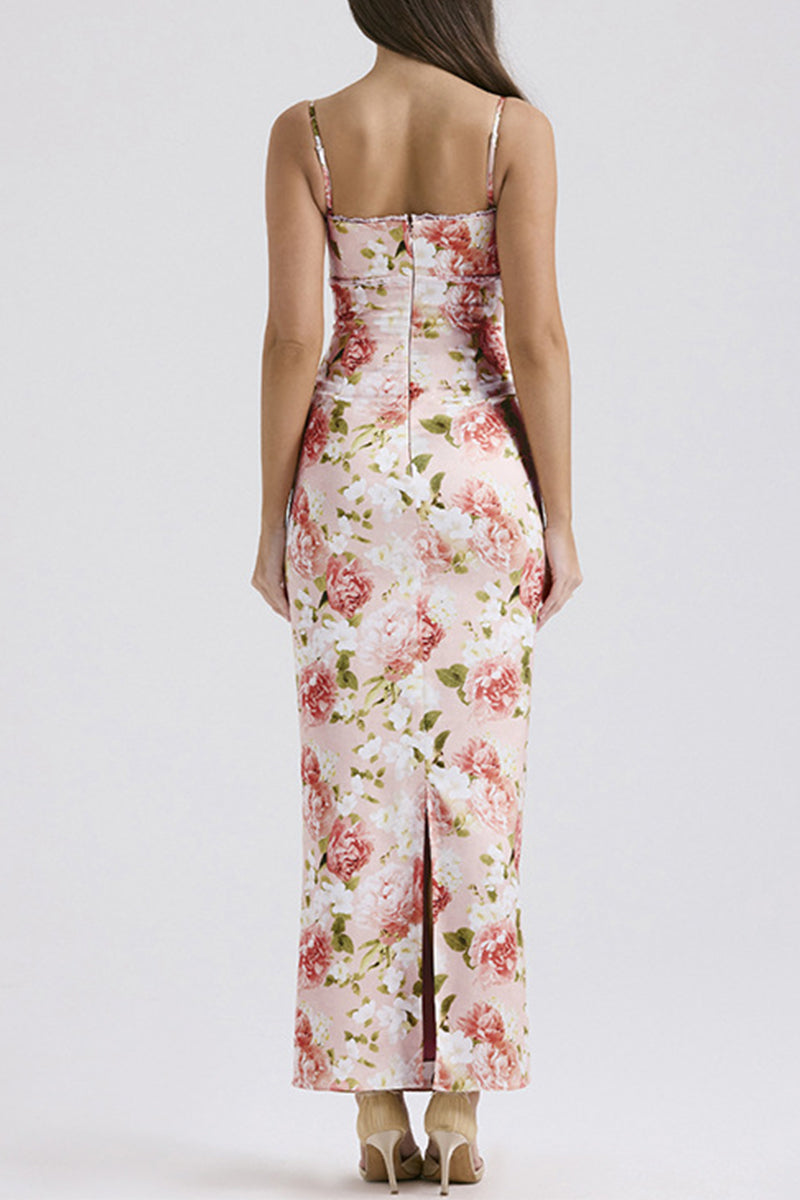 Flowers Lace Patchwork Slit V Neck One Step Skirt Dresses