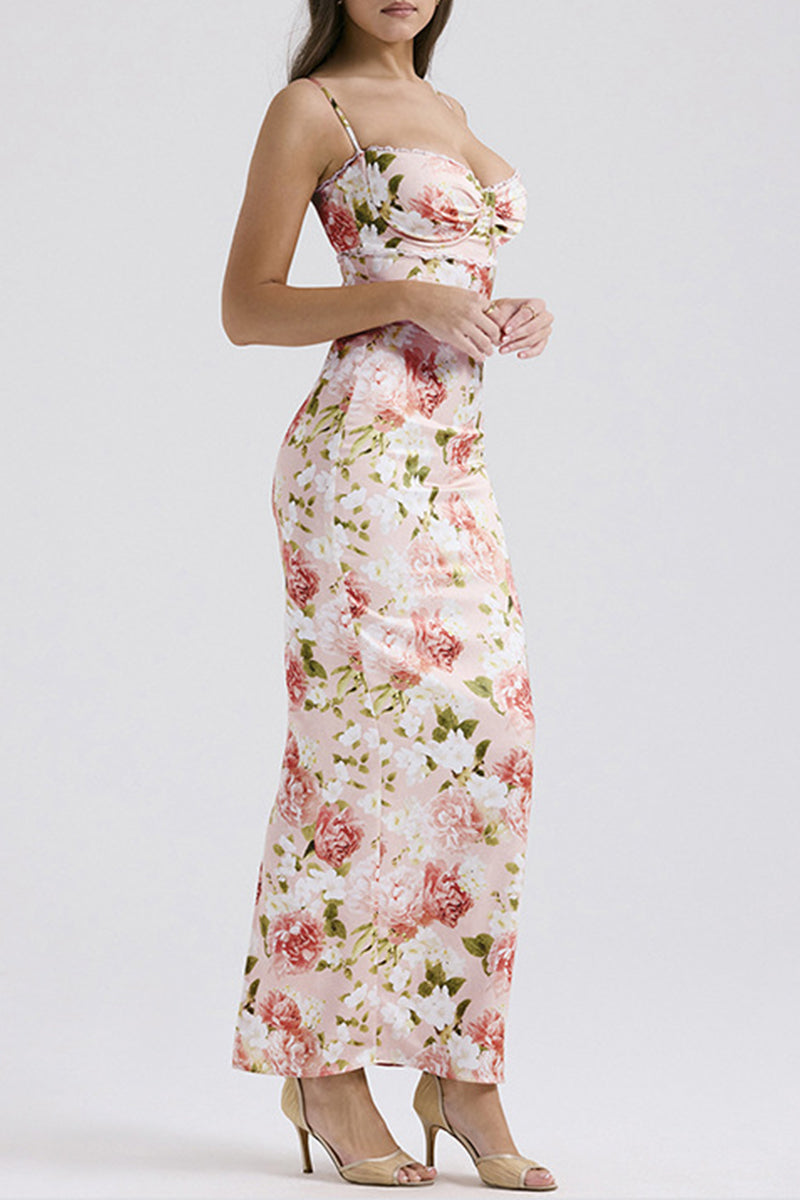 Flowers Lace Patchwork Slit V Neck One Step Skirt Dresses