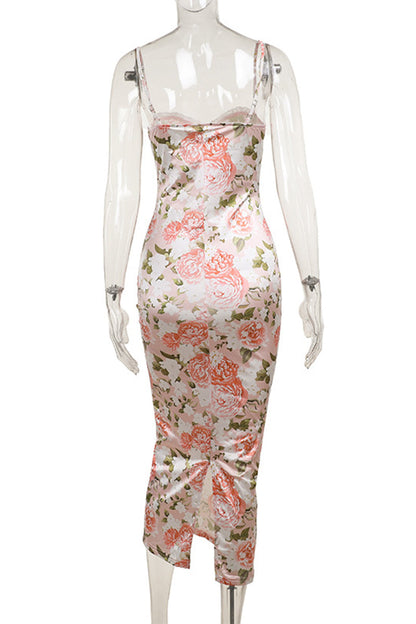 Flowers Lace Patchwork Slit V Neck One Step Skirt Dresses