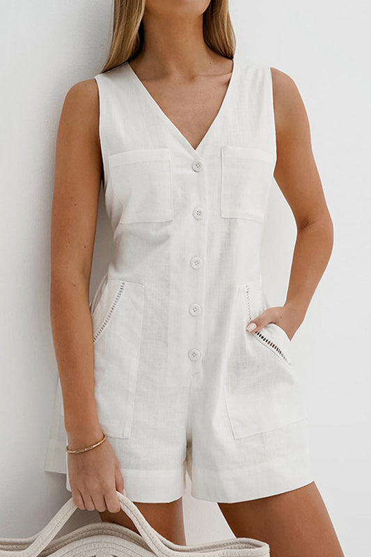Daily Color Pocket Buttons V Neck Loose Rompers